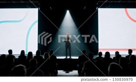 A dynamic shot of a speaker on a stage. Business presentation, keynote speech, thought leadership 130830970