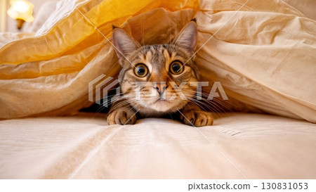 A silly cat peering over the edge of a bed. Humorous pet video, mischievous animal, playful cat 130831053