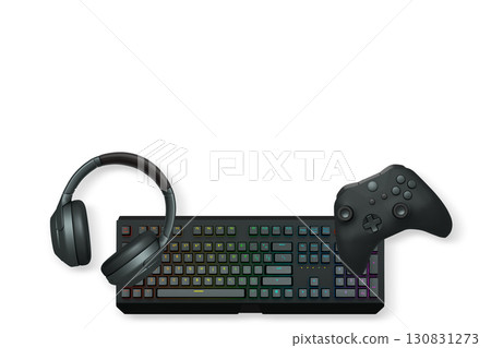 Gaming controller, RGB keyboard and headphones displayed in flat lay style isolated on white background with clipping path. Concept of modern PC and console gaming setup Gaming controller, RGB keyboard and headphones displayed in flat lay style isolated on white background with clipping path. Concept of modern PC and console gaming setup 130831273