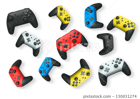Wireless gaming controllers flying in air isolated on white background with clipping path, symbolizing gaming technology concept. 130831274