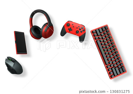Gaming accessories including keyboard, controller, headset, mouse, and phone isolated on white background with clipping path, concept of modern gaming gear Gaming accessories including keyboard, controller, headset, mouse, and phone isolated on white background with clipping path, concept of modern gaming gear 130831275