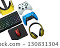 Gaming keyboard with RGB lighting, controllers, VR headset, mouse and headphones isolated on white background with clipping path, concept of gaming setup 130831304