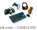 Gaming accessories including VR headset, RGB keyboard, headphones, and microphone shown isolated on white background with clipping path, tech concept 130831305