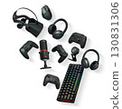 Gaming gear assortment with controllers, keyboard, headset, mouse, and mic isolated on white background with clipping path. Concept of gaming setup 130831306