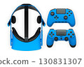 Virtual reality headset with gaming controllers, isolated on white background with clipping path, concept of immersive gaming. 130831307