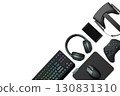 Collection of modern gaming accessories including headset, controller, keyboard, and VR gear isolated on white background with clipping path 130831310