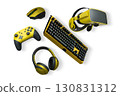Collection of modern gaming accessories including headset, mouse, controller, keyboard, and VR gear isolated on white background with clipping path 130831312