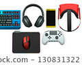 Gaming keyboard with RGB lighting, controllers, VR headset, mouse and headphones isolated on white background with clipping path, concept of gaming setup 130831322