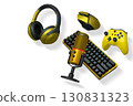 Gaming and streaming accessories including RGB keyboard, wireless mouse, headphones, mic, joystick isolated on white background with clipping path, tech concept 130831323