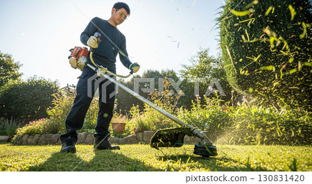 Male worker mowing the grass with a lawnmower 130831420