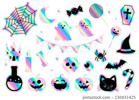 萬聖節粉彩全息貼紙設計插圖集 130831425