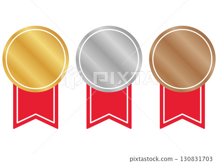 一套金牌、銀牌和銅牌，上面繫著紅色絲帶 130831703