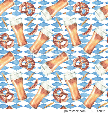 Watercolor Pretzel with glass of beer, sausage, spike of malt on blue rhombus Bavarian flags isolated white background seamless pattern. Oktoberfest food drink hand drawn illustration for fabric print 130832094