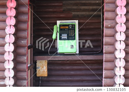 A green public telephone surrounded by trees 130832105