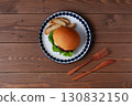 Teriyaki burger on a plate on a wooden table 130832150