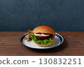 Teriyaki burger on a plate on a wooden table 130832251