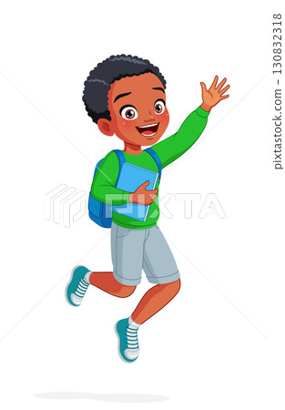 Happy African American school boy is jumping excitedly and waving his hand. Cartoon vector illustration. 130832318