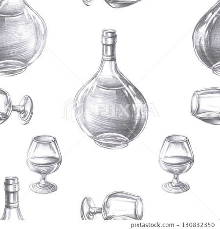 Seamless pattern with bottle and glasses of cognac. Hand-drawn pencil illustration on the theme of alcoholic drinks for interior design of bar, restaurant, bar menu, packaging, printing on fabric. Seamless pattern with bottle and glasses of cognac. Hand-drawn pencil illustration on the theme of alcoholic drinks for interior design of bar, restaurant, bar menu, packaging, printing on fabric. 130832350