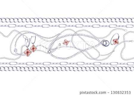 Seamless border of various necklaces, chains, pendants, lockets, earrings made of silver. Isolated watercolor illustration is hand-drawn for packaging design, interior design, printing on fabric. Seamless border of various necklaces, chains, pendants, lockets, earrings made of silver. Isolated watercolor illustration is hand-drawn for packaging design, interior design, printing on fabric. 130832353