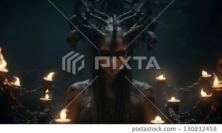 A girl in a shaman costume against a forest background calls on spirits A girl in a shaman costume against a forest background calls on spirits 130832458