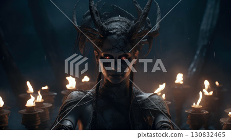 A girl in a shaman costume against a forest background calls on spirits A girl in a shaman costume against a forest background calls on spirits 130832465