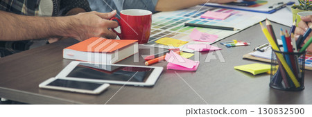 Banner Businesswoman reading financial graph charts business info with computer laptop. Panorama Women hands using laptop on office desk. Hands of business woman working office with copy space 130832500