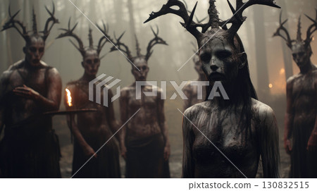 A group of people perform rituals in the forest calling upon ancient spirits 130832515