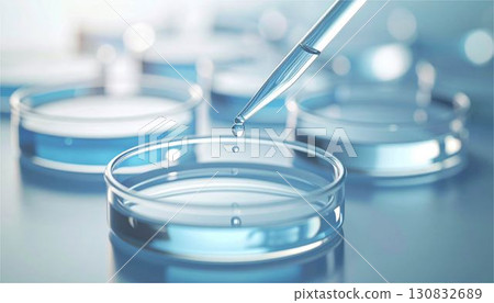 Liquid dripping into a petri dish. AI-generated medical, research and science experiment concept 130832689