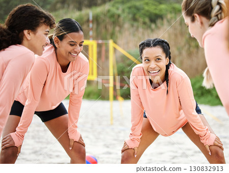Volleyball circle, sport women and smile on the beach before game, fitness and team training. Workout, exercise happiness and teamwork of young people planning together for sports and athlete match Volleyball circle, sport women and smile on the beach before game, fitness and team training. Workout, exercise happiness and teamwork of young people planning together for sports and athlete match 130832913