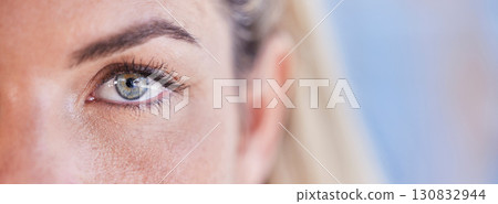 Eye closeup portrait, woman and mockup space with blurred background for vision, wellness and healthy lens. Beauty, optometry zoom and mock up with cosmetics, makeup eyes and biometric cybersecurity 130832944