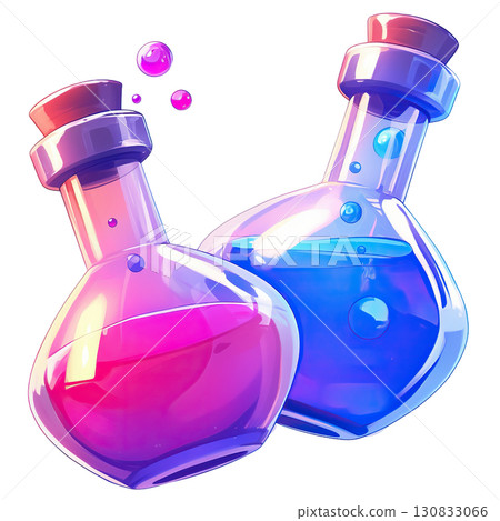 AI-generated item. Two 3D fantasy potion bottles with a pink and blue liquid. 130833066