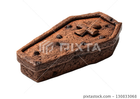 A coffin-shaped brownie with a cross on top. AI-generated item 130833068
