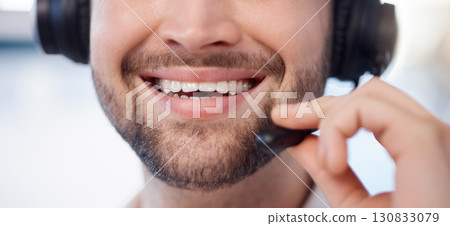 Man at call center, smile closeup and contact us with customer service employee, face and CRM with consultant. Professional, communication, mouth with headset and mic, help desk and telemarketing Man at call center, smile closeup and contact us with customer service employee, face and CRM with consultant. Professional, communication, mouth with headset and mic, help desk and telemarketing 130833079