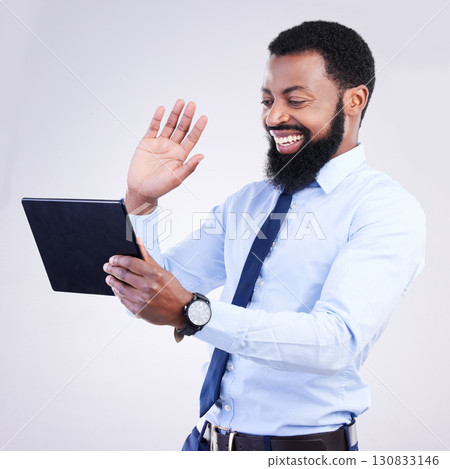 Tablet, video call and man isolated on gray background in online meeting, global networking and business webinar. African corporate person waves hello on digital tech, virtual communication in studio Tablet, video call and man isolated on gray background in online meeting, global networking and business webinar. African corporate person waves hello on digital tech, virtual communication in studio 130833146