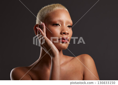 Beauty, makeup and aesthetic, face of woman in dark studio and platinum hair isolated on grey background. Art, cosmetics and beautiful model with skincare facial and luxury skin treatment with mockup 130833150