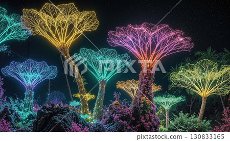 Colorful illuminated supertrees rising into night sky. Colorful illuminated supertrees rising into night sky. 130833165