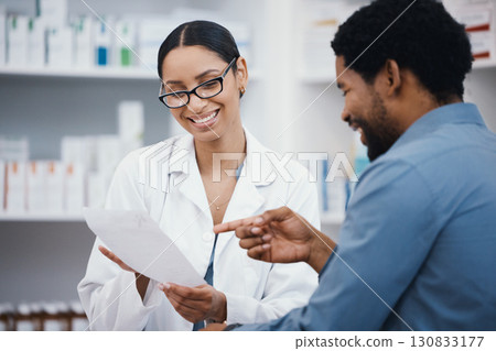 Pharmacy, customer prescription and pharmacist smile reading form for pills, medical supplements and medicine. Healthcare service, hospital and woman help man for medicare script, drugs or medication Pharmacy, customer prescription and pharmacist smile reading form for pills, medical supplements and medicine. Healthcare service, hospital and woman help man for medicare script, drugs or medication 130833177