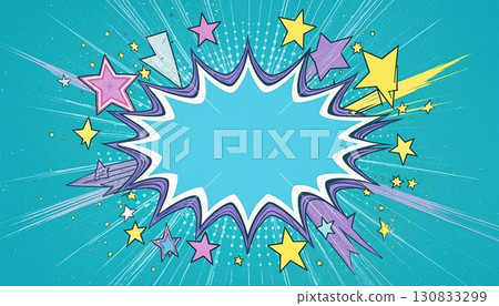 Comic book background with colorful stars and blank speech bubble, perfect for adding text. 130833299