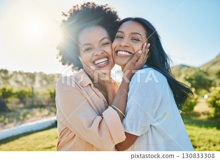 Portrait, summer and black woman friends bonding outdoor in nature together during holiday or vacation. Family, sister or friendship with an attractive young female and friend together outside Portrait, summer and black woman friends bonding outdoor in nature together during holiday or vacation. Family, sister or friendship with an attractive young female and friend together outside 130833308