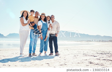 Portrait of grandparents, parents and children at beach for bonding, quality time and relax together by sea. Big family, travel and happy mom and dad with kids on summer holiday, vacation and weekend Portrait of grandparents, parents and children at beach for bonding, quality time and relax together by sea. Big family, travel and happy mom and dad with kids on summer holiday, vacation and weekend 130833314