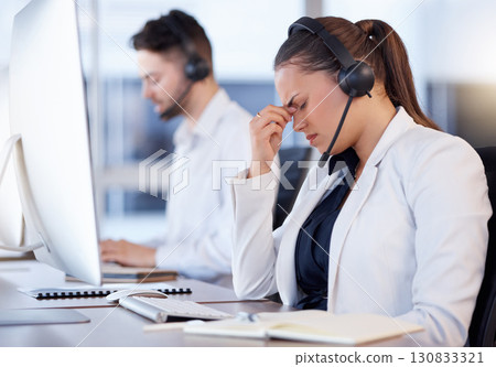 Tired girl, headache or call center consultant with burnout is overworked by telemarketing deadline at help desk. Depressed or exhausted woman frustrated with job stress, migraine pain or fatigue 130833321