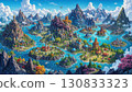 Fantasy world map with islands, mountains, and castles showing a vibrant landscape. 130833323