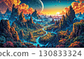 Breathtaking fantasy landscape with majestic mountains and winding river at sunset. 130833324