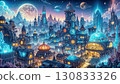 Futuristic cityscape with glowing architecture and celestial elements at twilight. 130833326