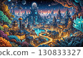 Futuristic cityscape with colorful nature, illuminated by night sky with spaceships and planets. 130833327