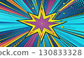 Vibrant starburst exploding on colorful comic book background, radiating energy and excitement. 130833328