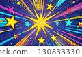 Colorful comic book style background featuring exploding star with motion blur and speed lines. 130833330