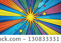 Vibrant starburst exploding on colorful comic book background, radiating energy and excitement. 130833331