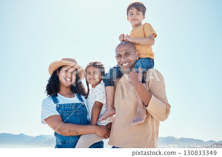 Family piggyback, portrait and smile at beach on vacation, having fun and bonding with mockup. Holiday, relax and care of happy father, mother and kids or children by seashore enjoying time outdoors. Family piggyback, portrait and smile at beach on vacation, having fun and bonding with mockup. Holiday, relax and care of happy father, mother and kids or children by seashore enjoying time outdoors. 130833349