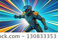 Powerful robot flying in hyperspace, with colorful motion blur effect, science fiction illustration. 130833353